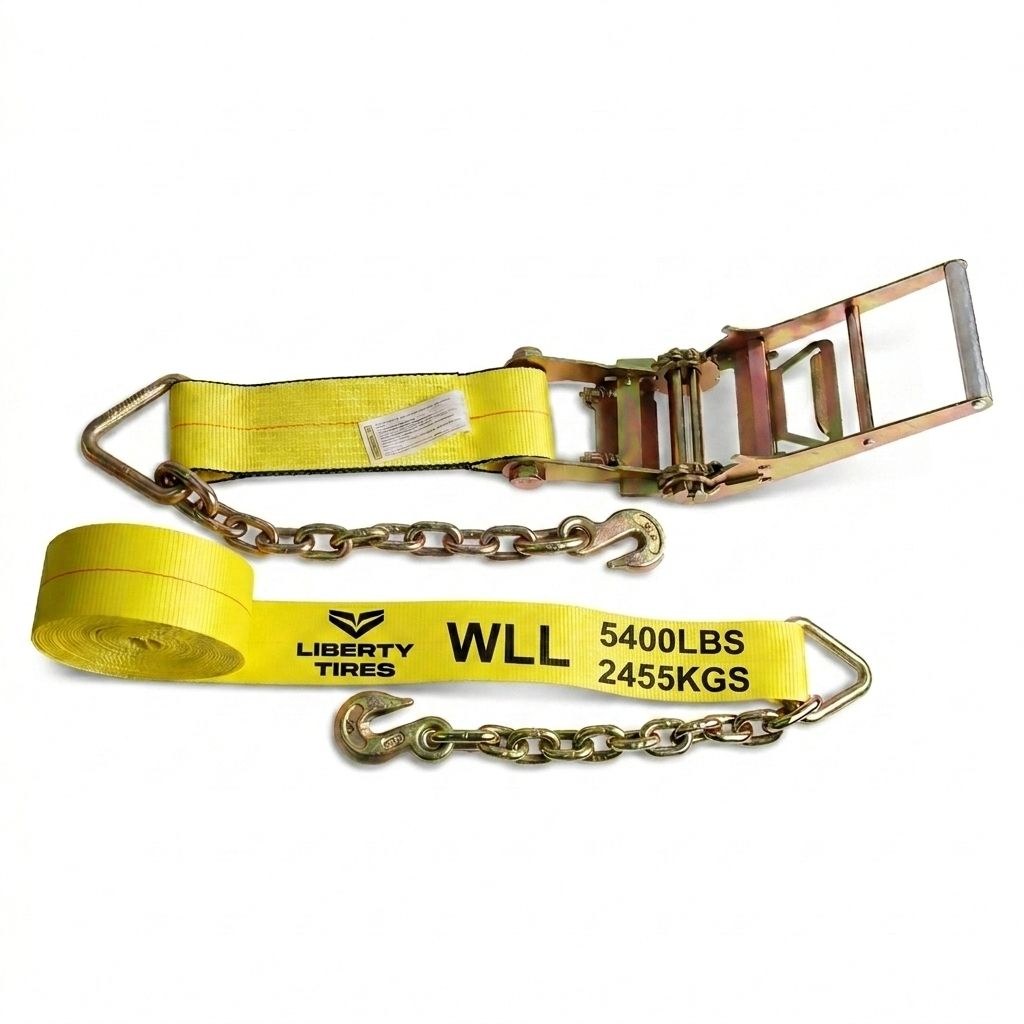 Ratchet Strap with Chain Anchor 4" x 30' G70 3/8", 15' Long